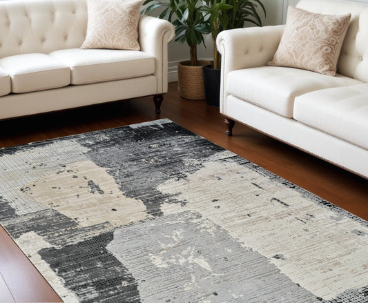 7' X 10' Beige and Black Abstract Distressed Area Rug - 79.8" (H) x 79.8" (W) x 0.43" (D)