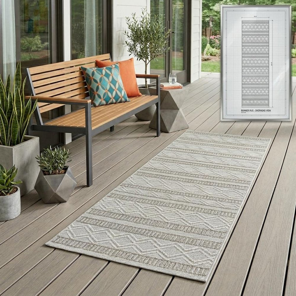 8' Beige And Gray Striped Distressed Indoor Outdoor Runner Rug — view 8