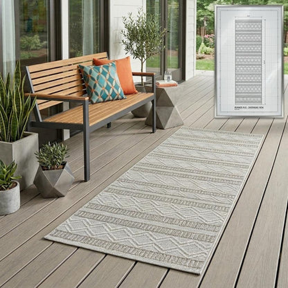 8' Beige And Gray Striped Distressed Indoor Outdoor Runner Rug
