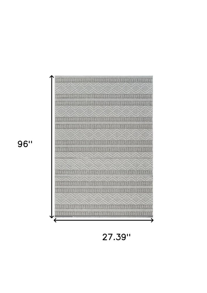 8' Beige And Gray Striped Distressed Indoor Outdoor Runner Rug — view 5