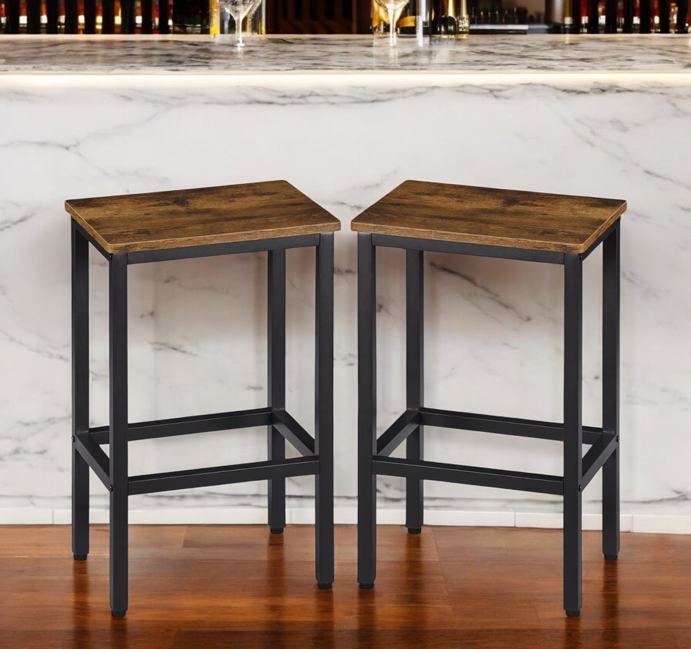 Set of Two 26" Brown and Black Steel and Wood Backless Counter Height Bar Chairs HomeRoots