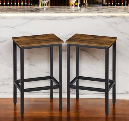 Set of Two 26" Brown and Black Steel and Wood Backless Counter Height Bar Chairs HomeRoots