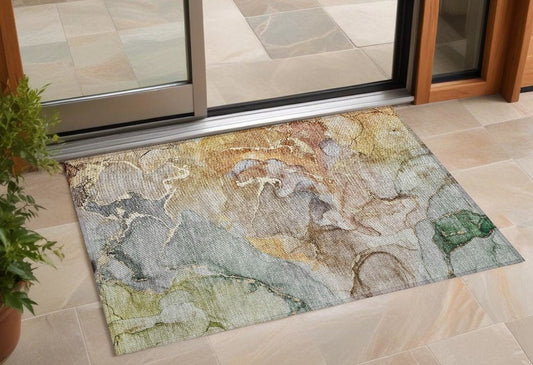 2' X 3' Gray and Gold Abstract Washable Non Skid Indoor Outdoor Area Rug