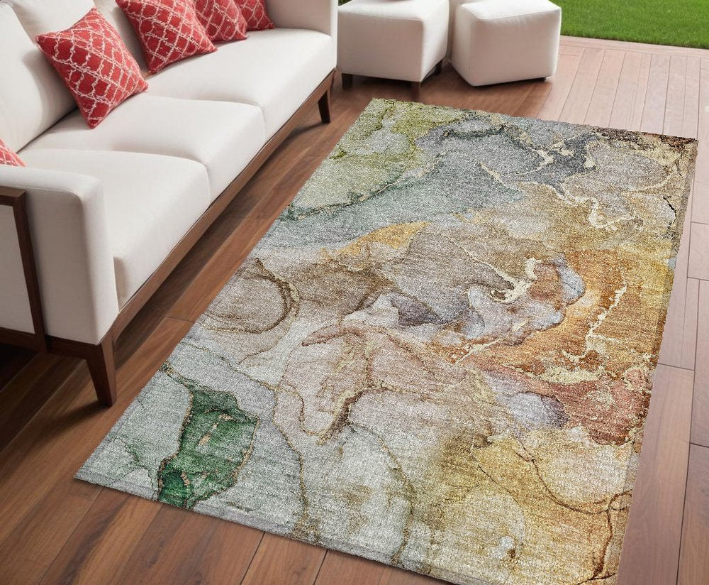 2' X 3' Gray and Gold Abstract Washable Non Skid Indoor Outdoor Area Rug HomeRoots