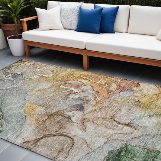 8' X 10' Gray and Gold Abstract Washable Non Skid Indoor Outdoor Area Rug - 0" (L) x 120" (W) x 96" (H)