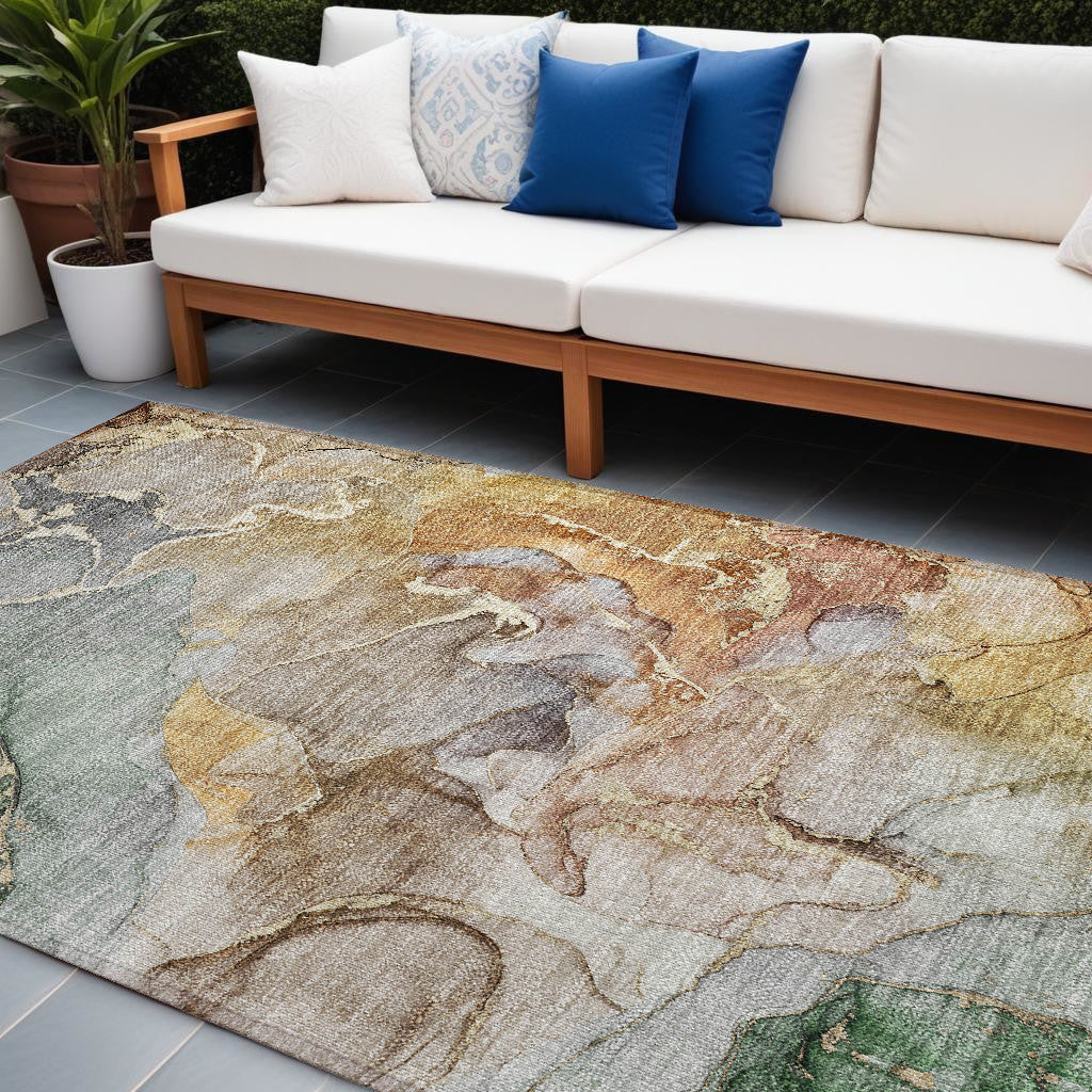 9' X 12' Gray and Gold Abstract Washable Non Skid Indoor Outdoor Area Rug - 0" (L) x 144" (W) x 108" (H)