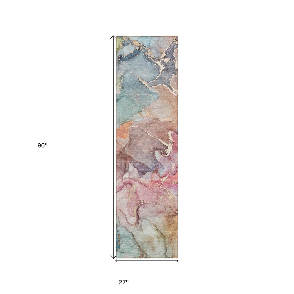 8' Runner Blue Abstract Washable Non Skid Indoor Outdoor Runner Rug — view 7