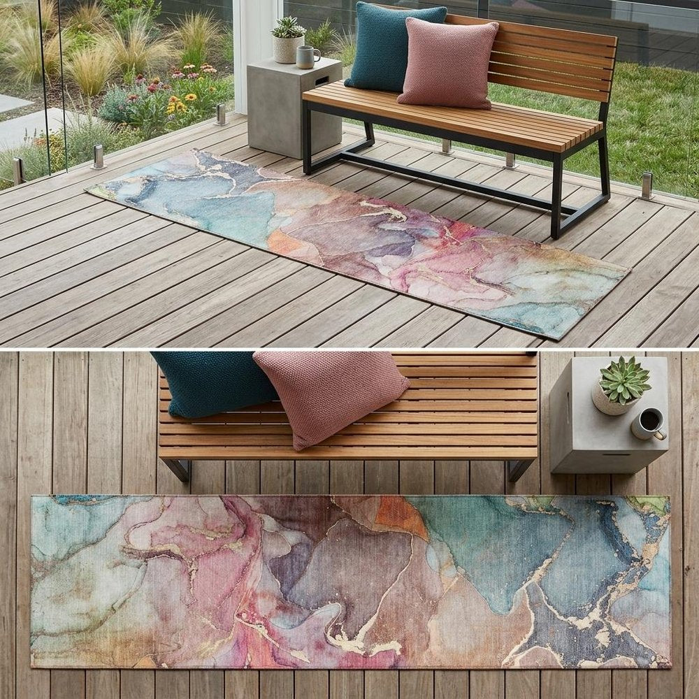 8' Runner Blue Abstract Washable Non Skid Indoor Outdoor Runner Rug — view 8
