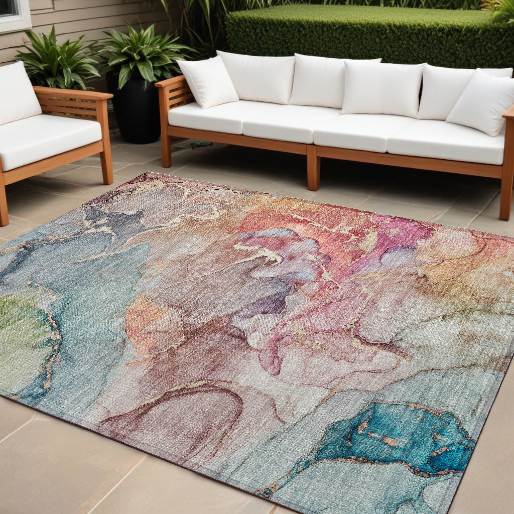 9' X 12' Blue Abstract Washable Non Skid Indoor Outdoor Area Rug - 0" (L) x 144" (W) x 108" (H)