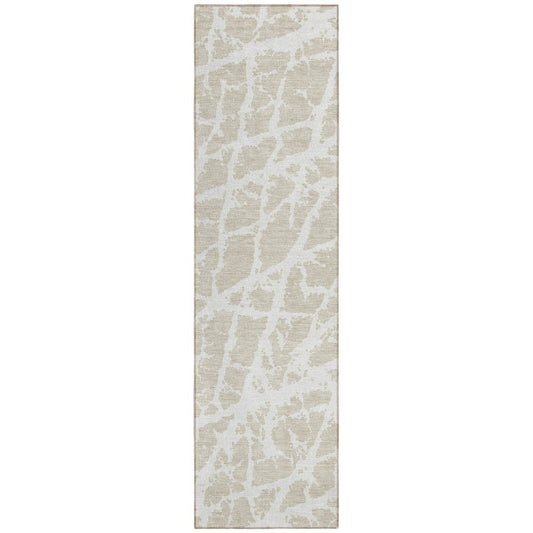 8' Runner Beige and Ivory Abstract Washable Non Skid Indoor Outdoor Runner Rug