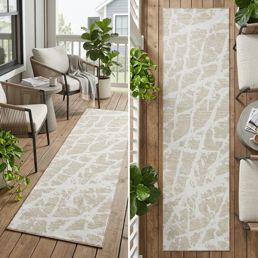 8' Runner Beige and Ivory Abstract Washable Non Skid Indoor Outdoor Runner Rug — view 8