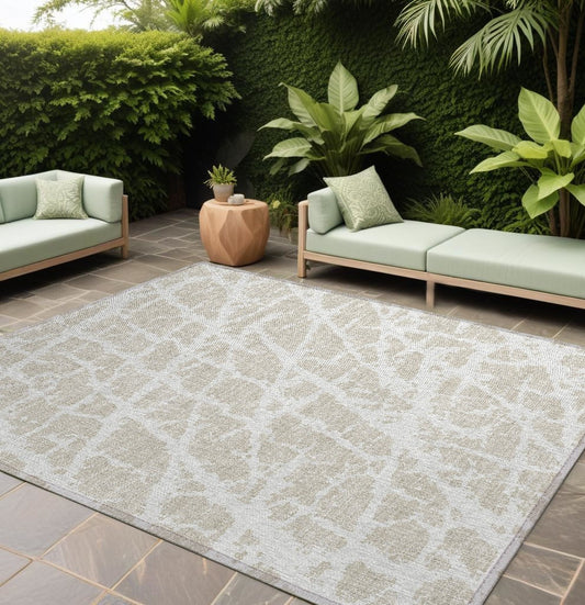 9' X 12' Beige and Ivory Abstract Washable Non Skid Indoor Outdoor Area Rug - 0" (L) x 144" (W) x 108" (H)