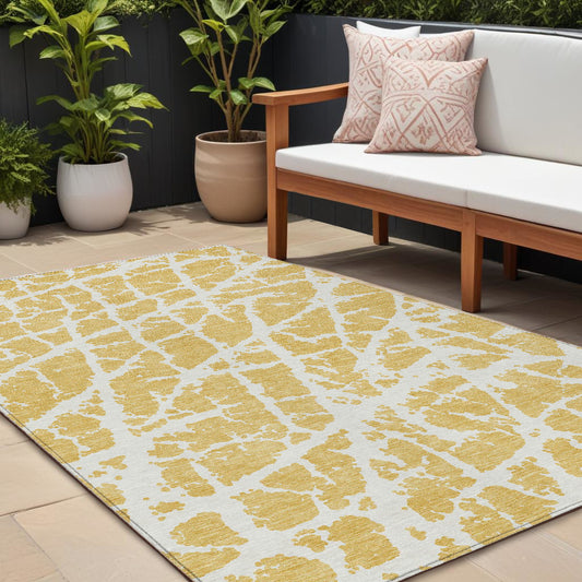 8' X 10' Gold and White Abstract Washable Non Skid Indoor Outdoor Area Rug - 0" (L) x 120" (W) x 96" (H)