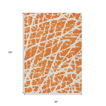 8' X 10' Orange and White Abstract Washable Non Skid Indoor Outdoor Area Rug