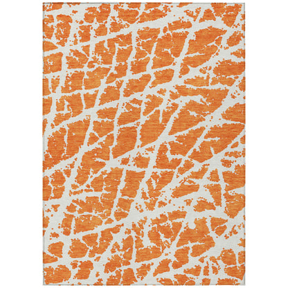 8' X 10' Orange and White Abstract Washable Non Skid Indoor Outdoor Area Rug