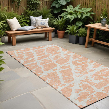 8' Runner Peach and Ivory Abstract Washable Non Skid Indoor Outdoor Runner Rug