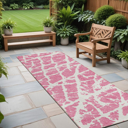 8' Runner Pink and Ivory Abstract Washable Non Skid Indoor Outdoor Runner Rug