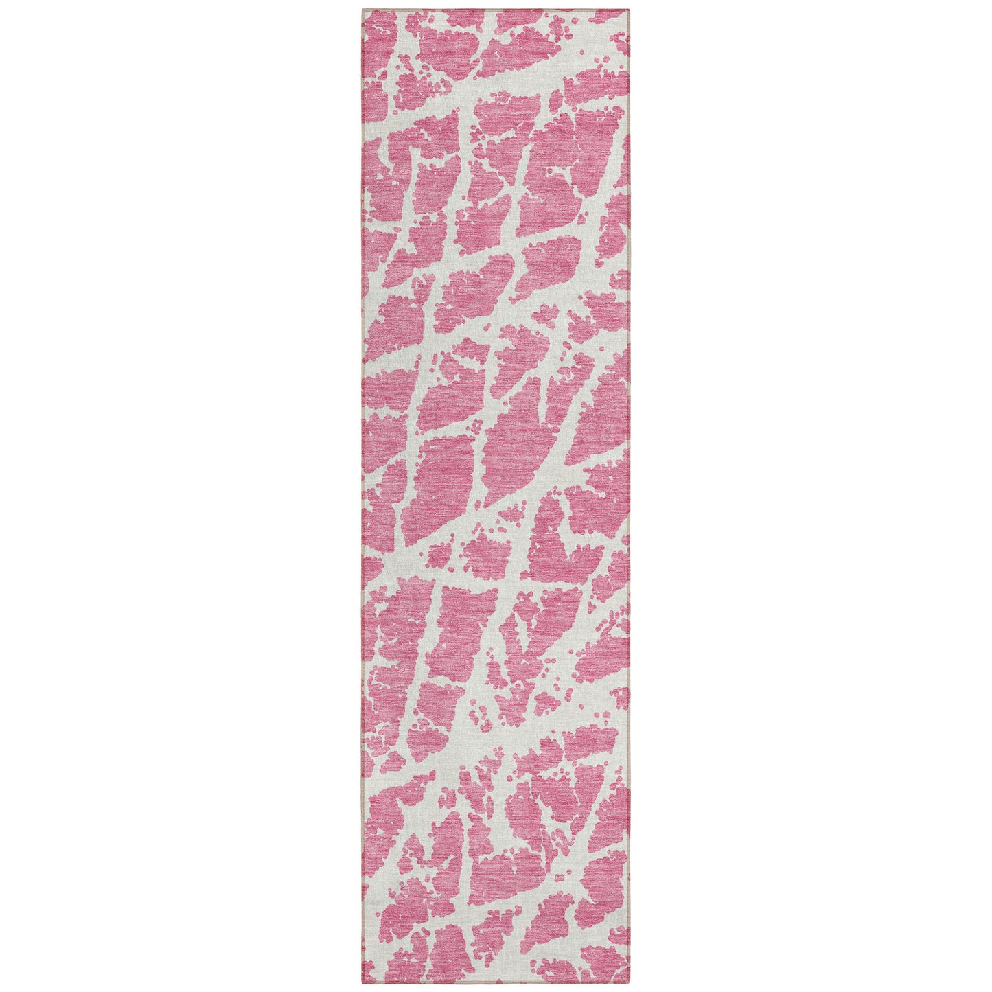 8' Runner Pink and Ivory Abstract Washable Non Skid Indoor Outdoor Runner Rug