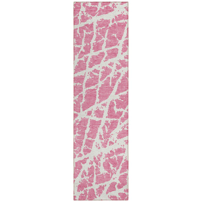 8' Runner Pink and Ivory Abstract Washable Non Skid Indoor Outdoor Runner Rug