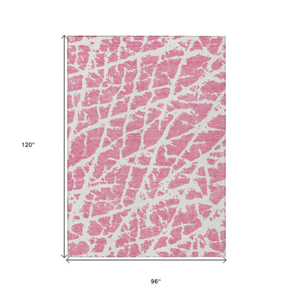 8' X 10' Pink and Ivory Abstract Washable Non Skid Indoor Outdoor Area Rug - 0" (L) x 120" (W) x 96" (H)