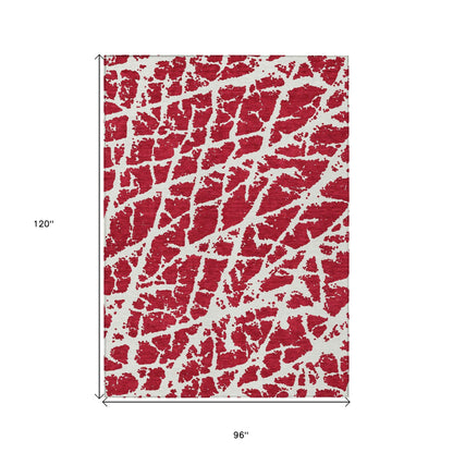 8' X 10' Red and White Abstract Washable Non Skid Indoor Outdoor Area Rug