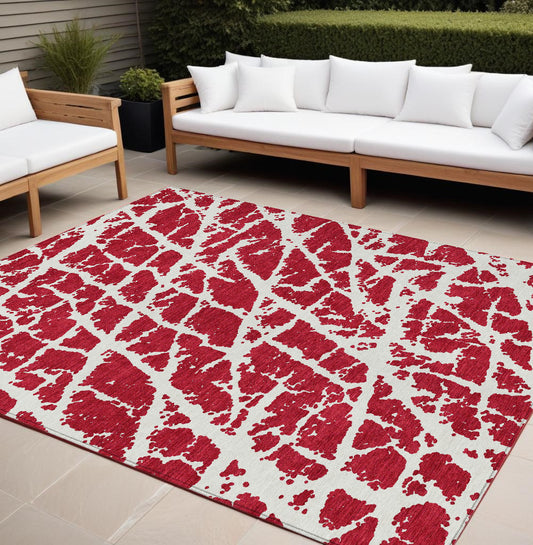 9' X 12' Red and White Abstract Washable Non Skid Indoor Outdoor Area Rug