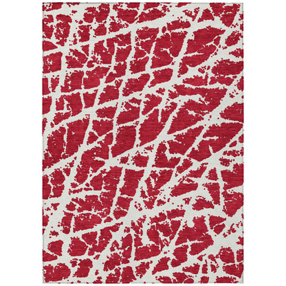 9' X 12' Red and White Abstract Washable Non Skid Indoor Outdoor Area Rug