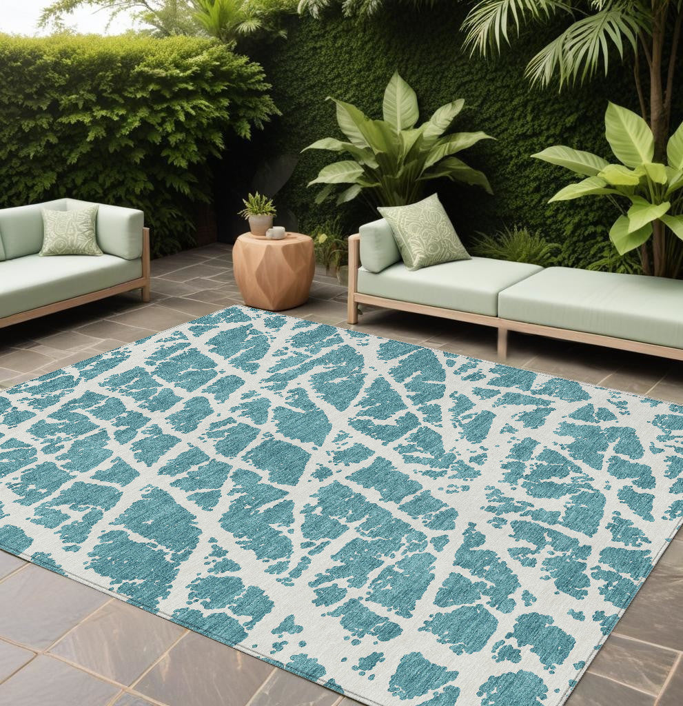 9' X 12' Teal Abstract Washable Non Skid Indoor Outdoor Area Rug - 0" (L) x 144" (W) x 108" (H)