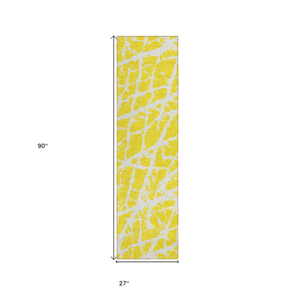 8' Runner Yellow and White Abstract Washable Non Skid Indoor Outdoor Runner Rug