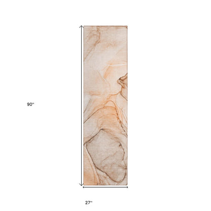 3' X 8' Beige and Orange Abstract Washable Non Skid Indoor Outdoor Runner Rug HomeRoots