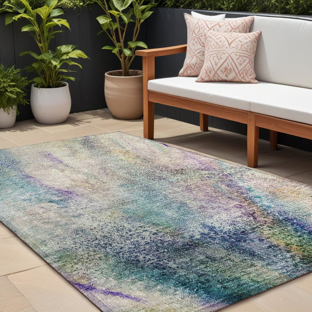 9' X 12' Beige Blue and Gray Abstract Washable Non Skid Indoor Outdoor Area Rug