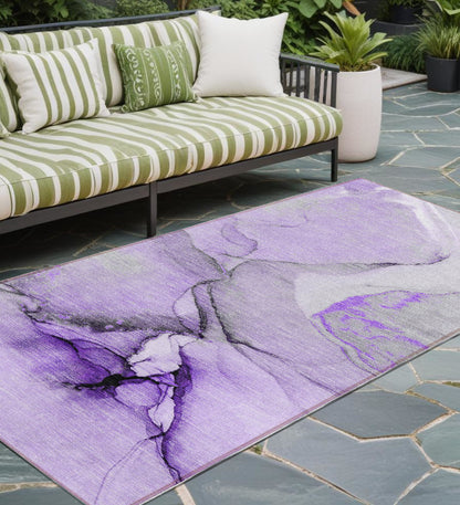 8' Runner Purple and Ivory Abstract Washable Non Skid Indoor Outdoor Runner Rug