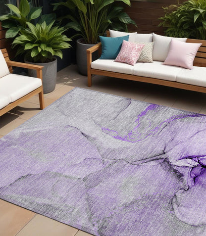 8' X 10' Purple and Ivory Abstract Washable Non Skid Indoor Outdoor Area Rug