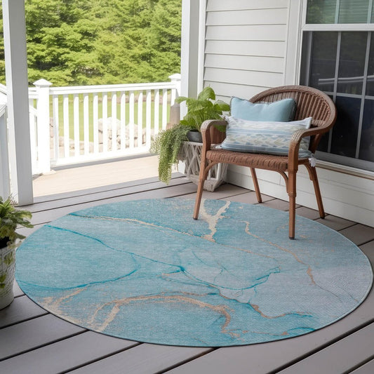 8' X 8' Teal Round Abstract Washable Indoor Outdoor Area Rug