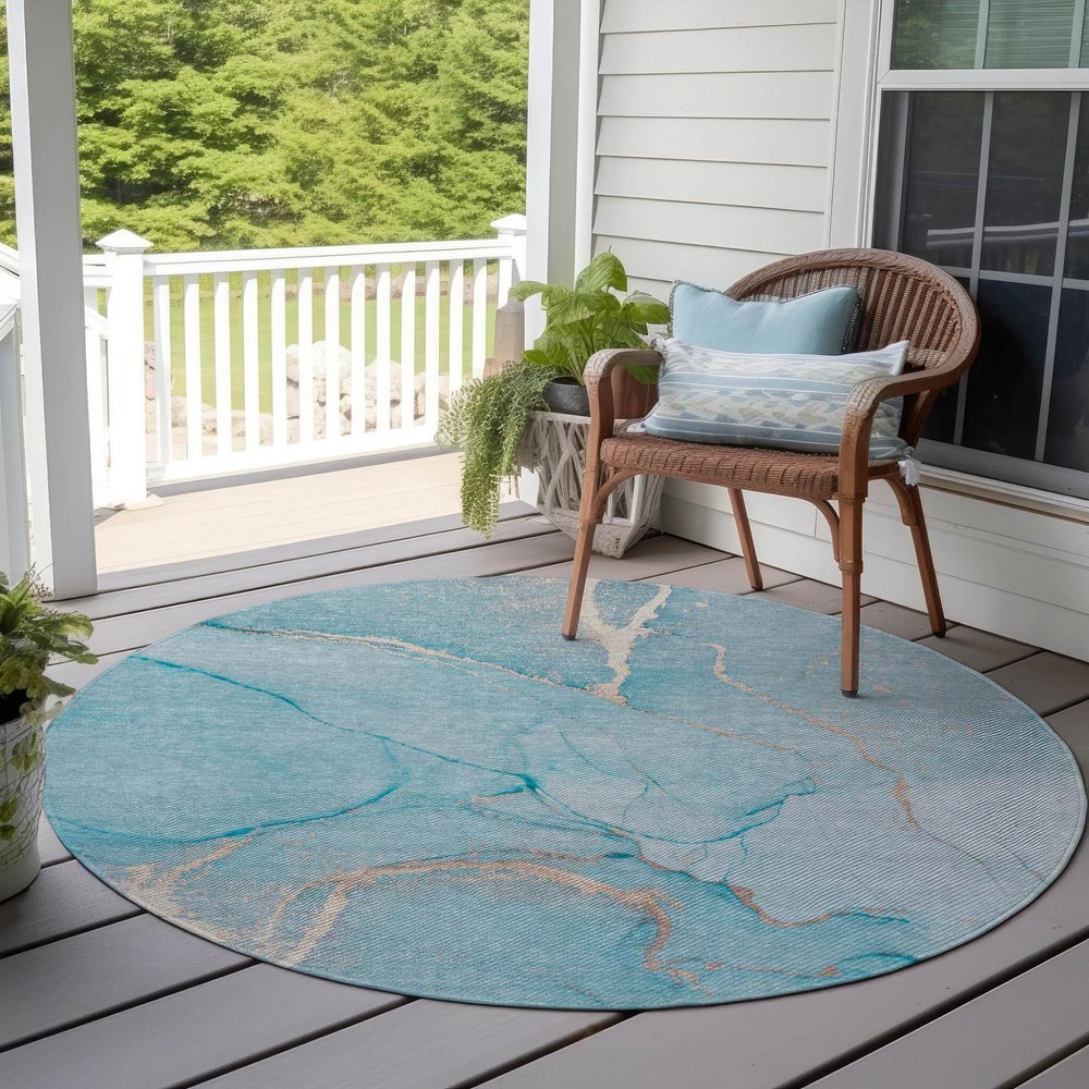 8' X 8' Teal Round Abstract Washable Indoor Outdoor Area Rug — view 1