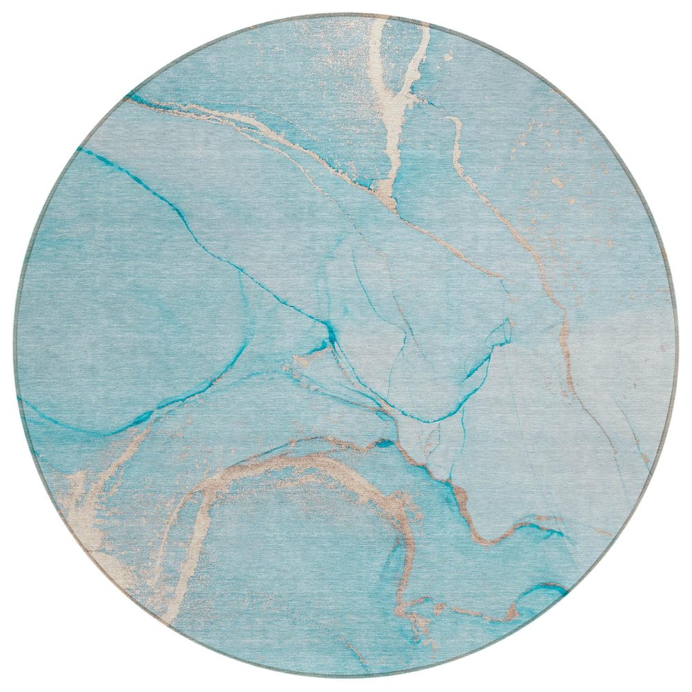 8' X 8' Teal Round Abstract Washable Indoor Outdoor Area Rug — view 2