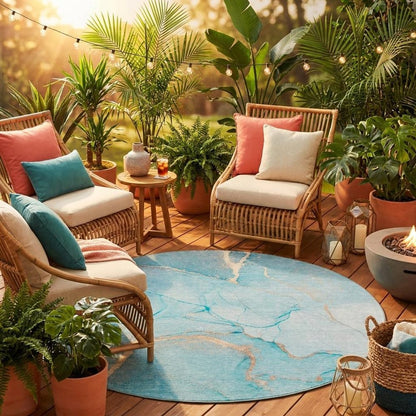 8' X 8' Teal Round Abstract Washable Indoor Outdoor Area Rug HomeRoots