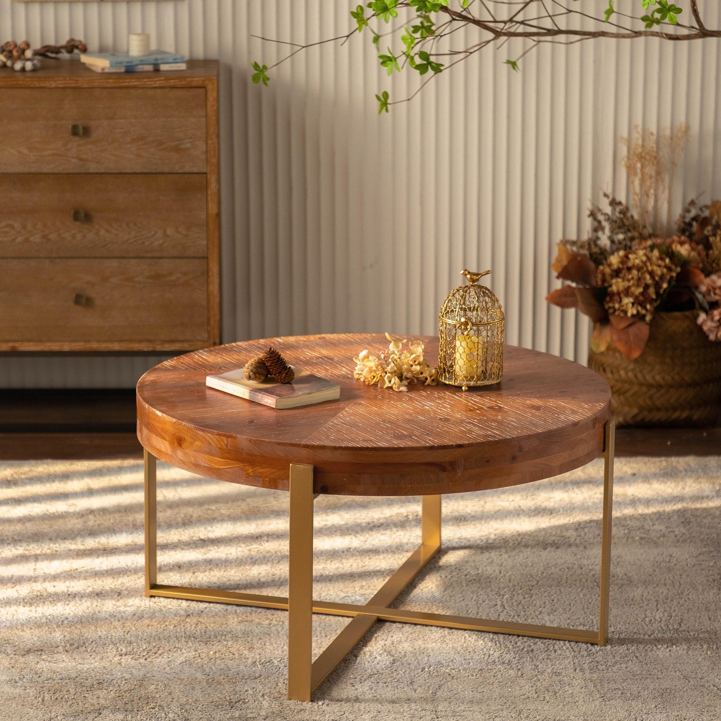 33.86"Modern Retro Splicing Round Coffee Table Fir Wood Table Top with Gold Cross Legs Base - FurniFindUSA