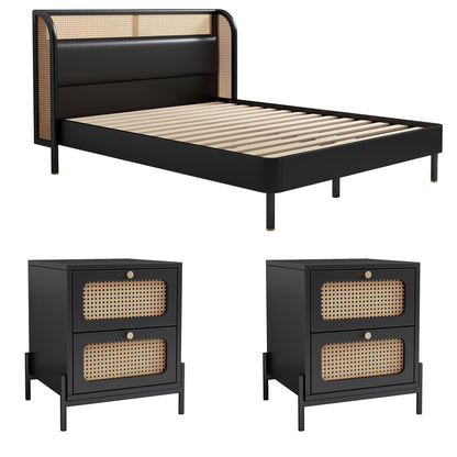 3 Pieces Modern Cannage Rattan Platform Queen Bed + Nightstand*2 Black - FurniFindUSA