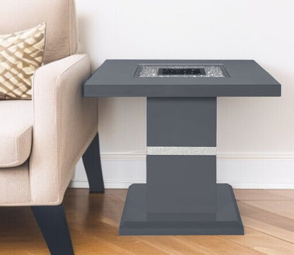 24" Dark Gray and Silver Faux Crystals Glass and Wood Square Pedestal End Table HomeRoots