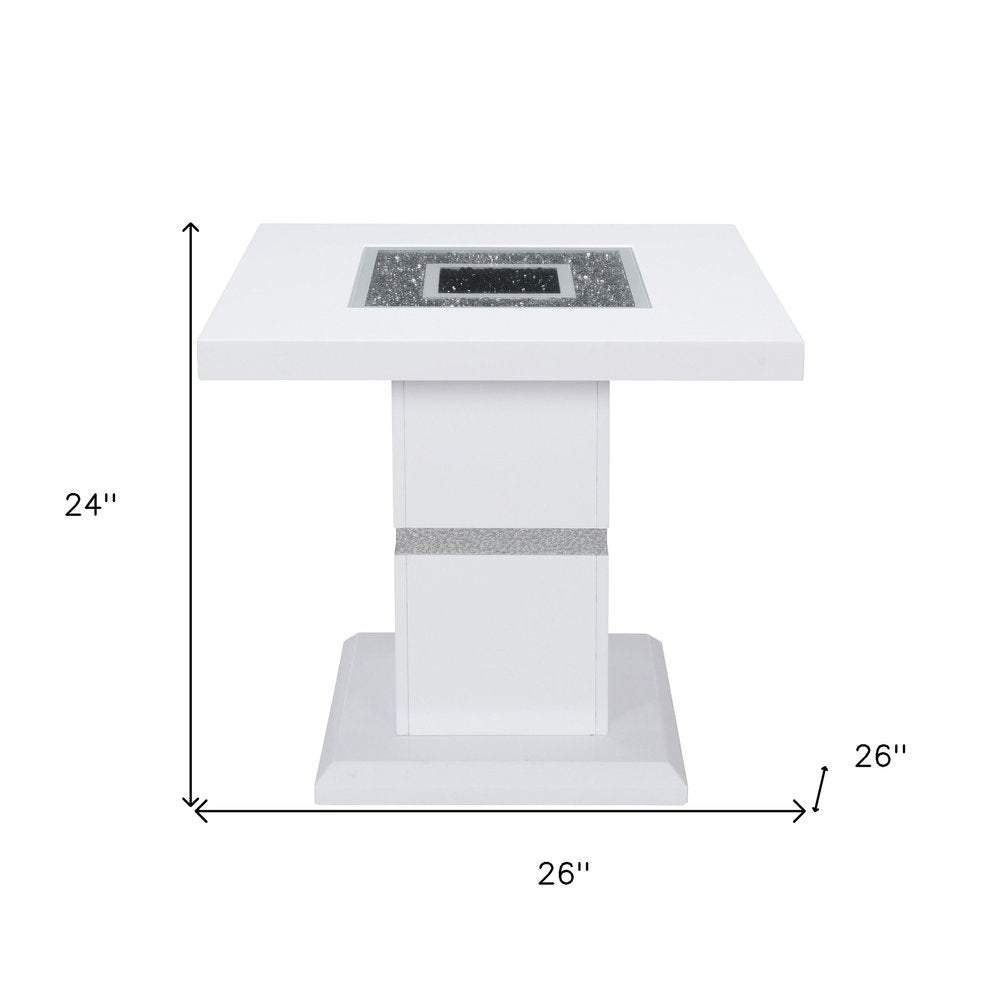 24" White and Silver Glass and Wood Faux Crystal Bling Square Pedestal End Table HomeRoots