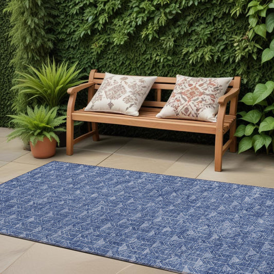 8' Runner Navy Blue Geometric Washable Non Skid Indoor Outdoor Runner Rug