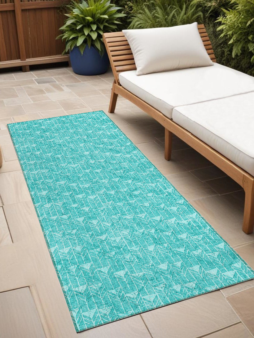 8' Runner Turquoise Geometric Washable Non Skid Indoor Outdoor Runner Rug