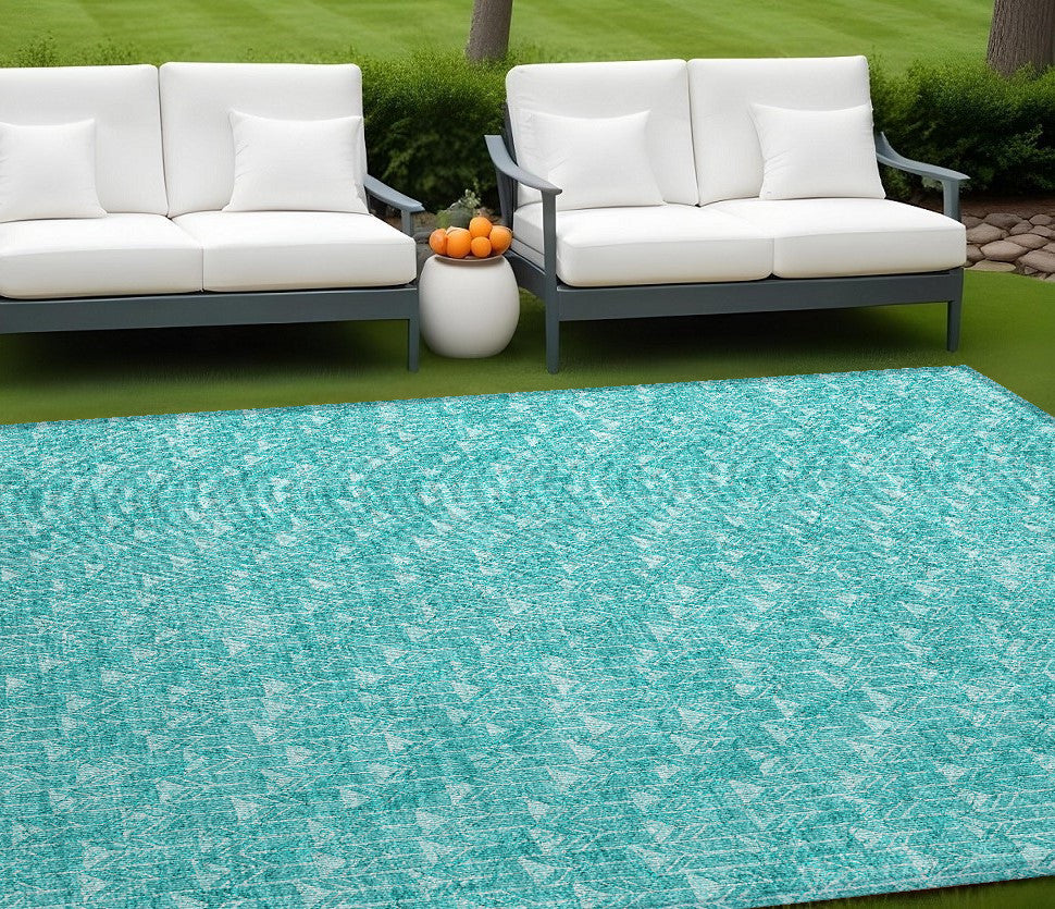 8' X 10' Turquoise Geometric Washable Non Skid Indoor Outdoor Area Rug