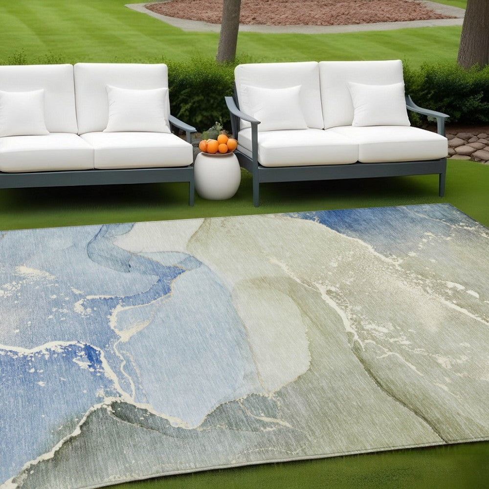 8' X 10' Blue and Green Abstract Washable Indoor Outdoor Area Rug