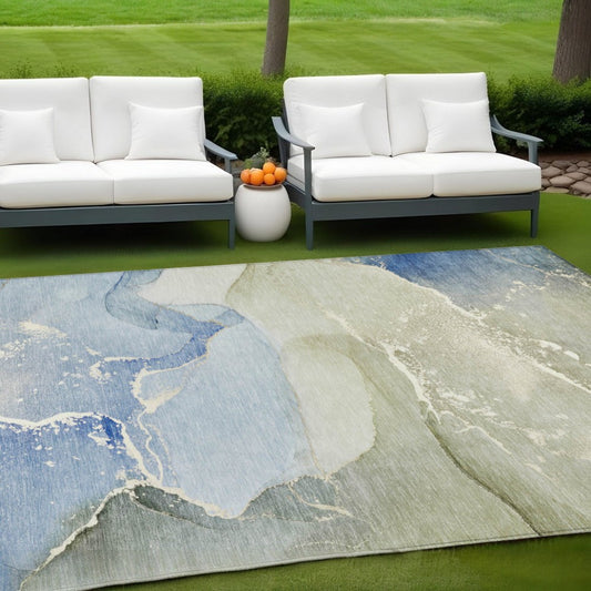 9' X 12' Blue and Green Abstract Washable Indoor Outdoor Area Rug