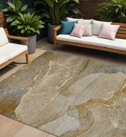 9' X 12' Brown Abstract Washable Indoor Outdoor Area Rug