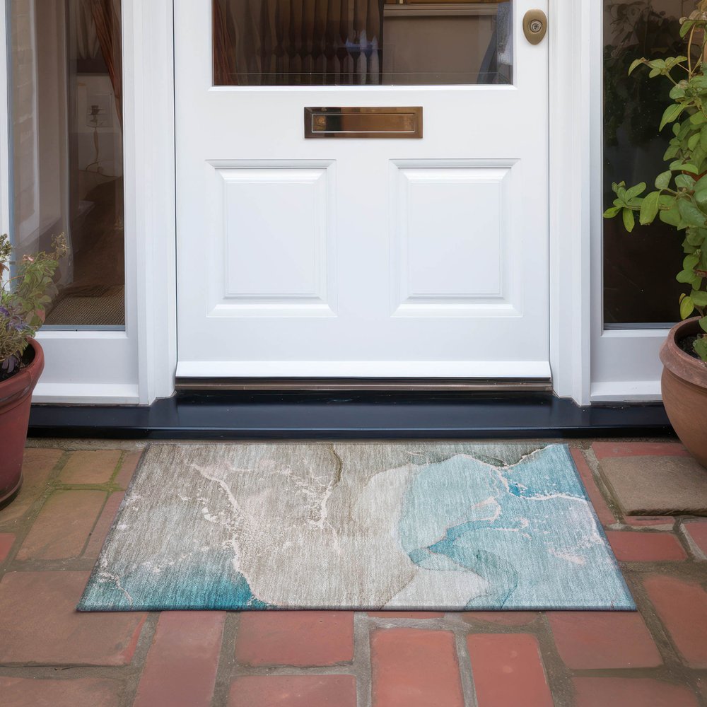 2' X 3' Teal Abstract Washable Non Skid Indoor Outdoor Area Rug HomeRoots