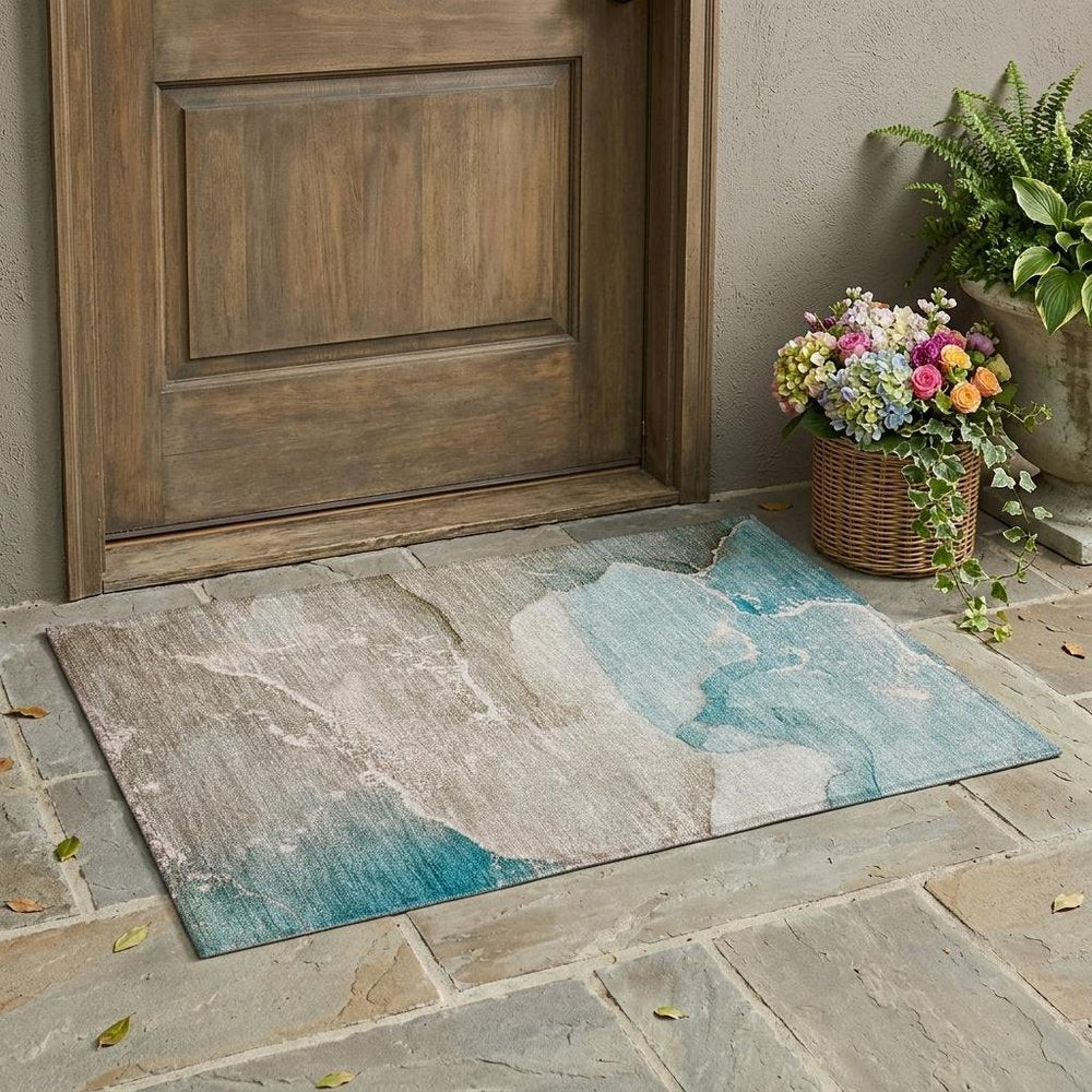 2' X 3' Teal Abstract Washable Non Skid Indoor Outdoor Area Rug — view 9