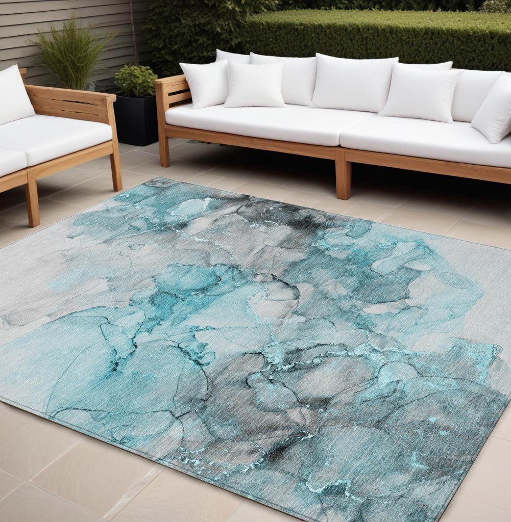 9' X 12' Teal and Gray Abstract Washable Indoor Outdoor Area Rug